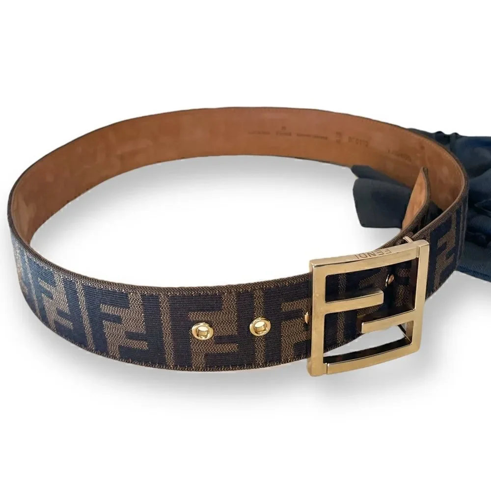 FENDI Classic Monogram Zucca Print Belt with FF Motif Gold-Tone Buckle |Size: S| FENDI Classic Monogram Zucca Print Belt with FF Motif Gold  main image 2